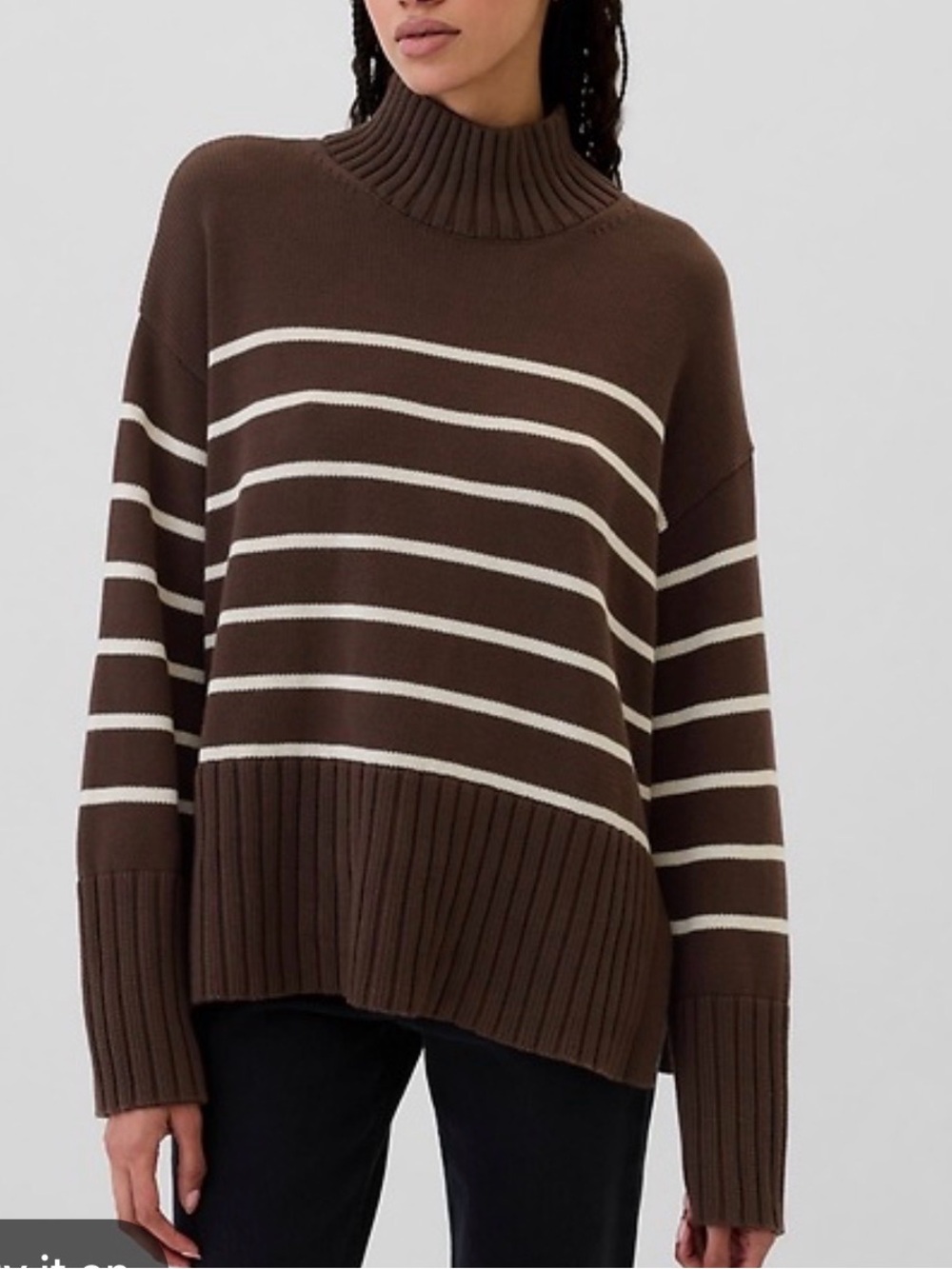 GAP Oversized 24/7 Split-Hem Mockneck Sweater Brown White Stripe Medium knit